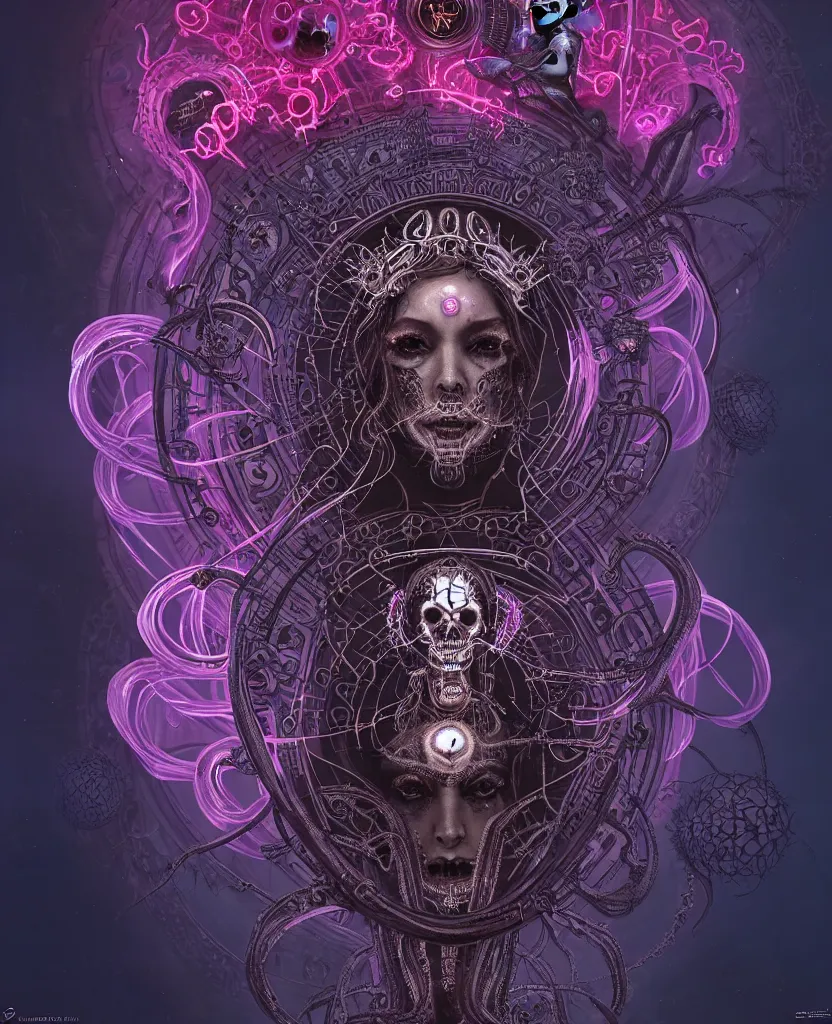 Image similar to queen of death. intricate portrait, occult cyberpunk, ancient futuristic, dark art, occult. intricate biomechanical, bioluminescent halo around head, mandala ornament, cybernetic glowing jellyfish, tentacles, by Petros Afshar, by artgerm, by Eddie Mendoza, by Peter mohrbacher by tooth wu, unreal engine, octane render, cinematic light, high details, iridescent colors, macro