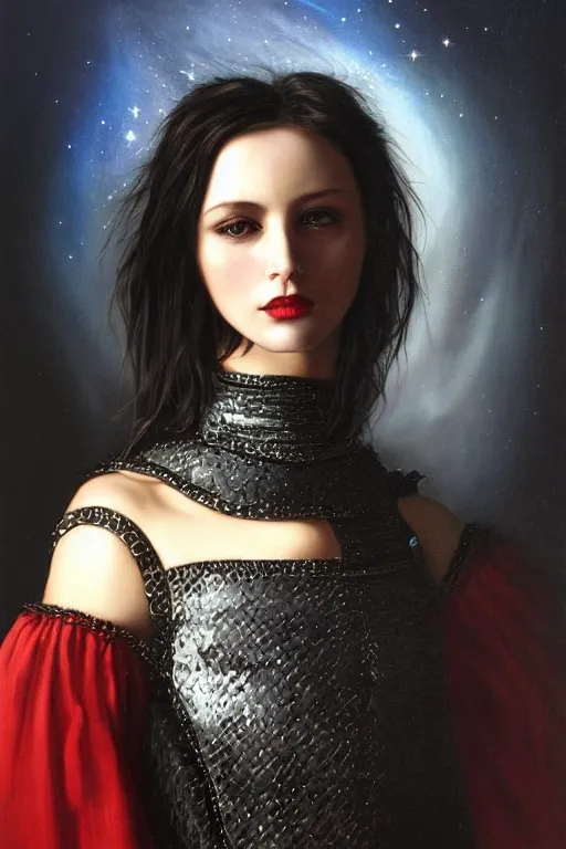 Image similar to hyperrealism oil painting, close - up portrait of european medieval brunette vampire fashion model, knight, steel gradient mixed with nebula sky, in style of baroque