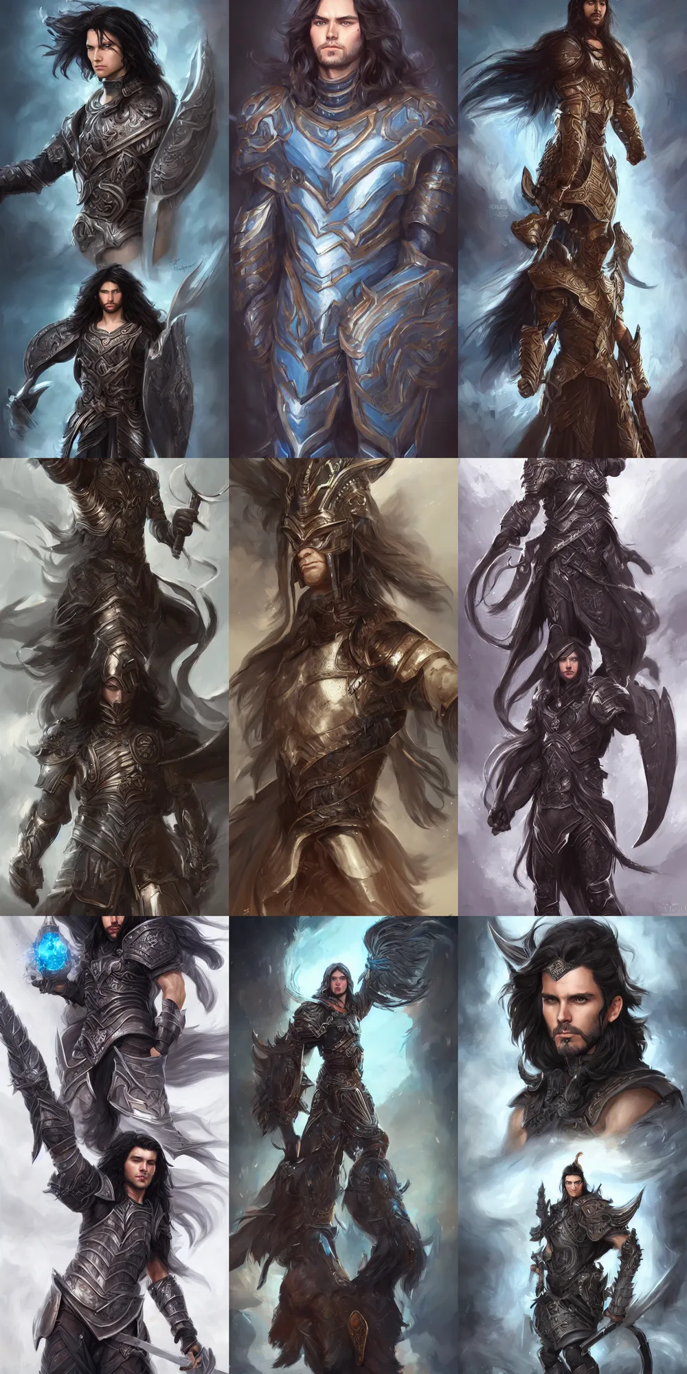 Prompt: A realistic full-body long-shot portrait of male warrior with long black hair, wearing ornate armor, blue eyes, digital painting, by Artgerm, WLOP and Rossdraws, digital painting, trending on ArtStation