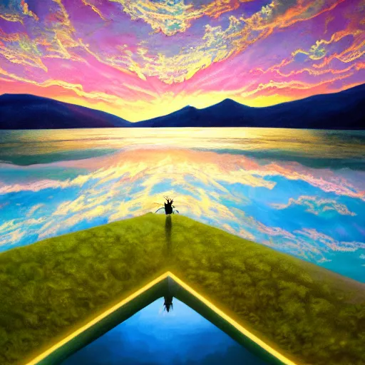 Image similar to largely animated black cube sits in the air, levitating above a pristine lake with a background of residual peaceful mountains, robustly intricate oil painting, 4 k quality, trending on artstation