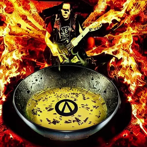Image similar to indestructible by disturbed album cover made out of a bowl of soup