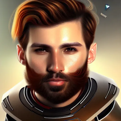 Image similar to Portrait of a man with brown hair and beard in futuristic sci-fi armor, blasters on his belt, digital art, realistic, artstation, detailed