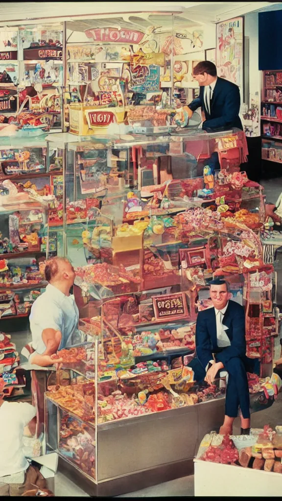 Image similar to 6 0 s photo of a business man in a candy shop on a remote island, kodachrome