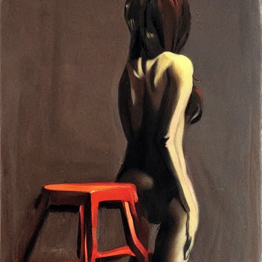 Prompt: artstation a woman seductively posing on a stool, by francis bacon, very detailed, , portrait, high contrast