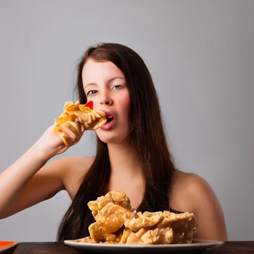 Prompt: russian girl eating diced chicken dipped in peanut butter