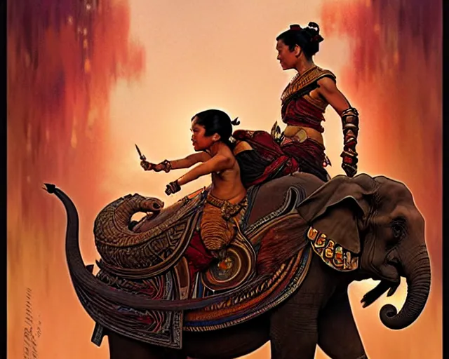 Image similar to magic tribal ethnic asian female, riding a war elephant, gorgeous lighting by weta studio, mucha, bautista and norman rockwell and greg rutkowski and tom bagshaw and james gurney and lucasfilm