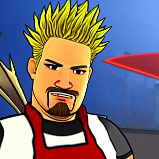 Prompt: in-game screenshot of Guy Fieri as a character in Team Fortress 2 (2007)