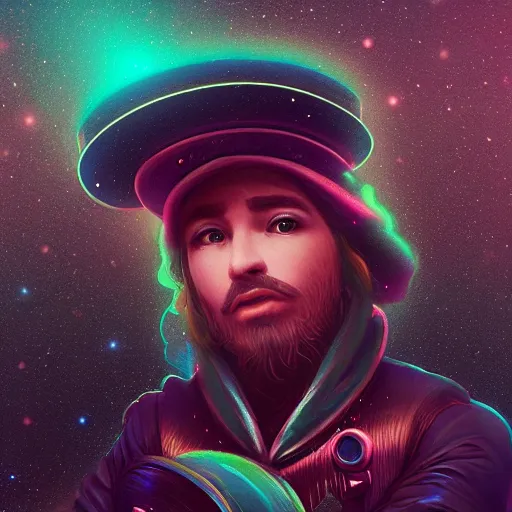 Prompt: a bard wearing a cavelier hat by beeple, cosmic nebulae, trending on artstation, bokeh, dark rainbow, black rainbow opal, cgsociety