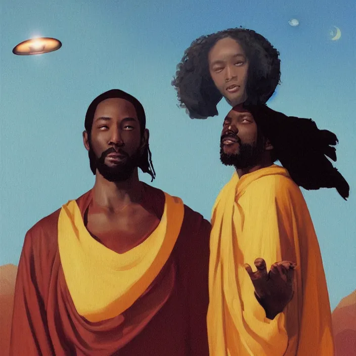 Image similar to a UFO hovering over an African Jesus, portrait painting by Hsiao-Ron Cheng,