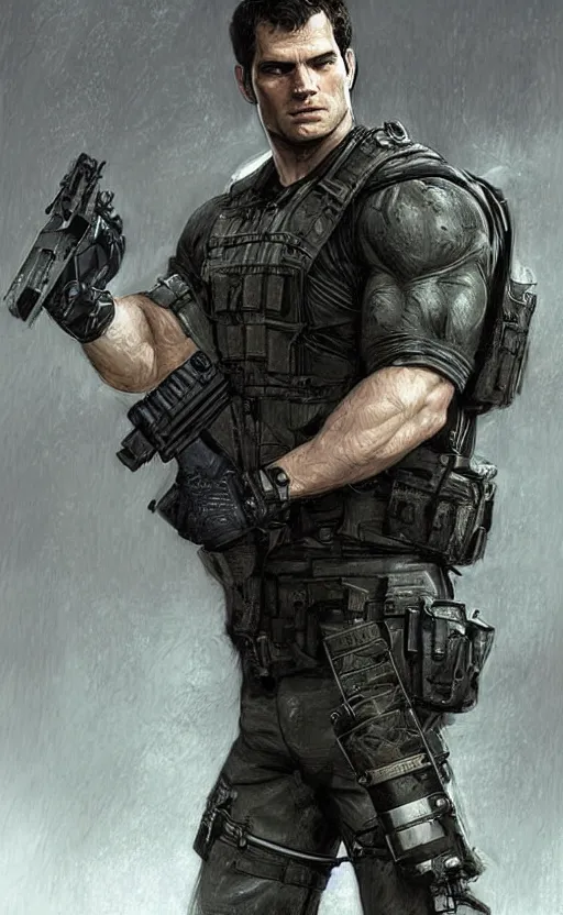 Image similar to portrait of henry cavill as chris redfield, resident evil, pistol, upper body, henry cavill!!!, fantasy, intricate, elegant, highly detailed, digital painting, artstation, concept art, smooth, sharp focus, illustration, art by artgerm and greg rutkowski and alphonse mucha