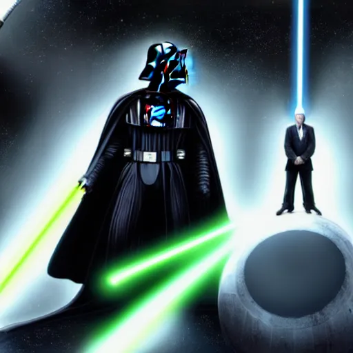 Image similar to Saul Goodman battling Darth Vader with lightsabers on the death star, 4K, detailed