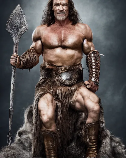 Image similar to arnold schwarzenegger as king conan, directed by john millius, photorealistic, sitting on a metal throne, wearing ancient cimmerian armor, a battle axe to his side, he has a beard and graying hair, cinematic photoshoot in the style of annie leibovitz, studio lighting