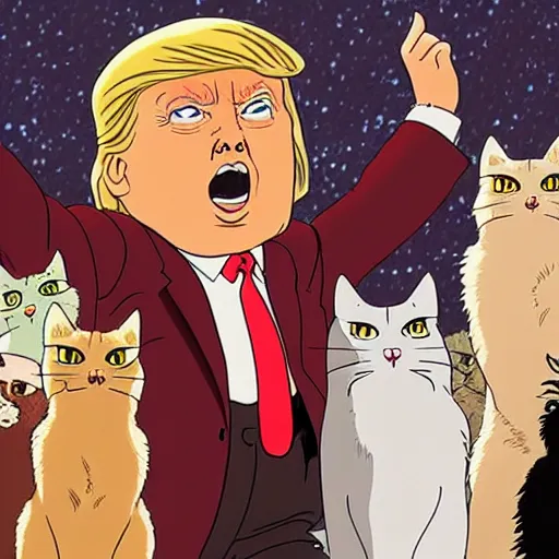 Prompt: donald trump ascending to the heaviside layer in the movie cats, by studio ghibli, hyper - detailed