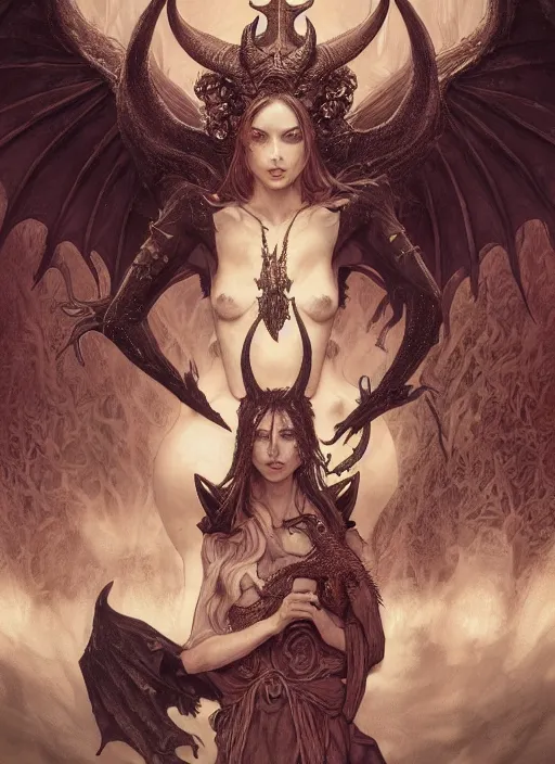 Image similar to a beautiful illustration of a satanic witch with horns in head holding a dragon, intricate, sharp focus, illustration, highly detailed, digital painting, concept art, matte, art by wlop and artgerm and greg rutkowski and alphonse mucha, masterpiece