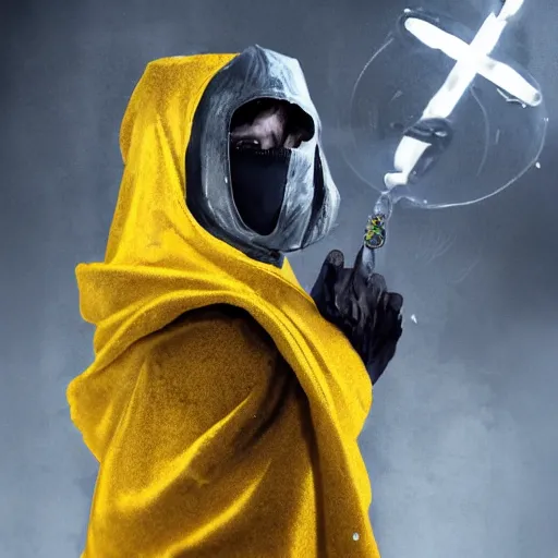 Prompt: award - winning. trending on artstation. cinematic. 4 k. a person wearing hooded frayed yellow robes and an eerie steel mask casting a spell while yellow magic runes float behind them. dark background