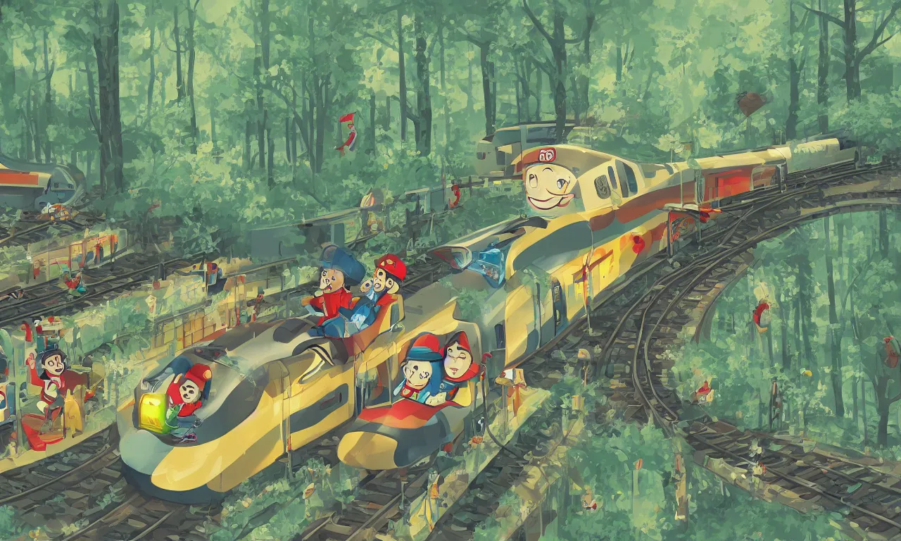 Image similar to ticket conductor and a thief on a bullet train riding forested blobs, digital art, 3d, illustration