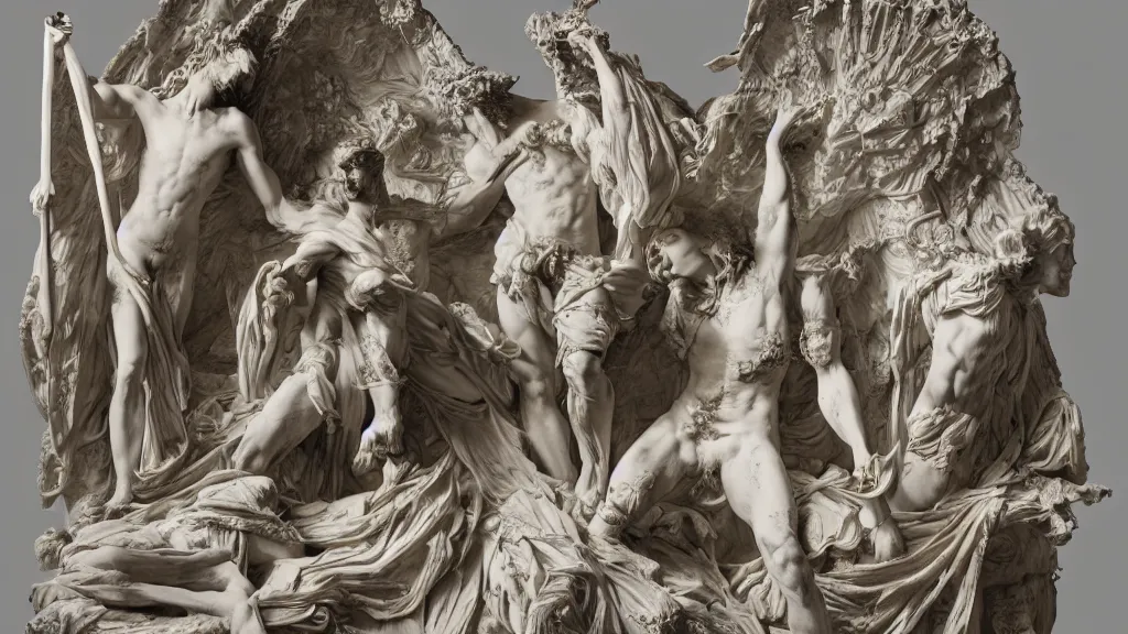 Prompt: war of titans, an epic sculpture made of marble and ivory, by gustave dore, by emil melmoth, by alphonse mucha, hell, sculpture standing on in a large studio space, monumental, epic, rococo, detailed, intricate, volumetric lighting, realistic, octane render, 2 0 % pearlescent detailing