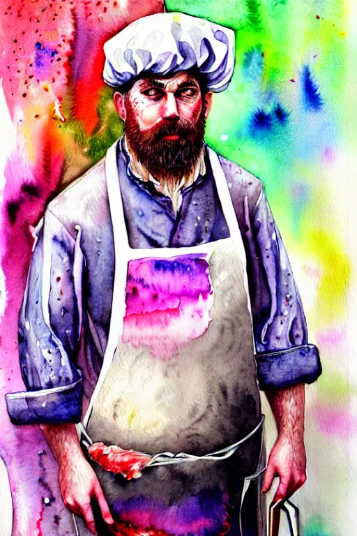 Image similar to watercolor portrait of a butcher with a white apron, raining, romantisism, outrun, pastel colors, painting, dramatic, detailed, by android jones