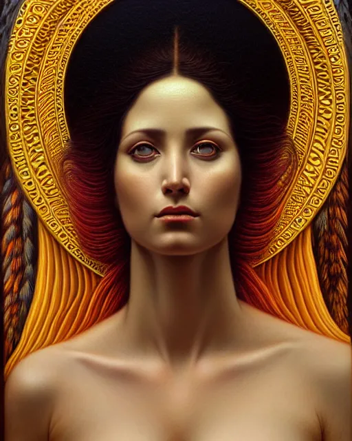 Image similar to portrait of the goddess of nature, unusual beauty, emotionally evoking symbolic metaphors, head in focus, fantasy, ornamental, intricate, elegant, sensual, highly detailed digital painting, artstation, concept art, painterly, golden ratio, sharp focus, illustration, art by John William Godward and Zdzisław Beksiński,