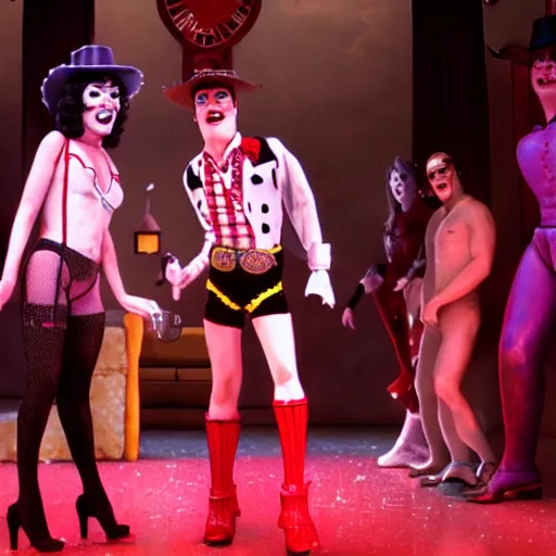 Prompt: a scene from Rocky Horror Picture Show in the style of Toy Story,