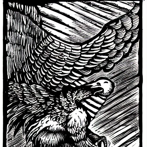 Image similar to a black and white drawing of an eagle attacking a demon, a woodcut by Sir John Tenniel, pixabay, vanitas, woodcut, photoillustration, storybook illustration