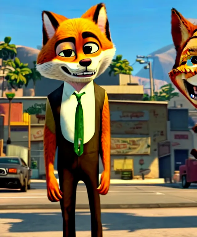 Image similar to Grand Theft Auto: San Andreas loading screen featuring Nick Wilde (from Zootopia)