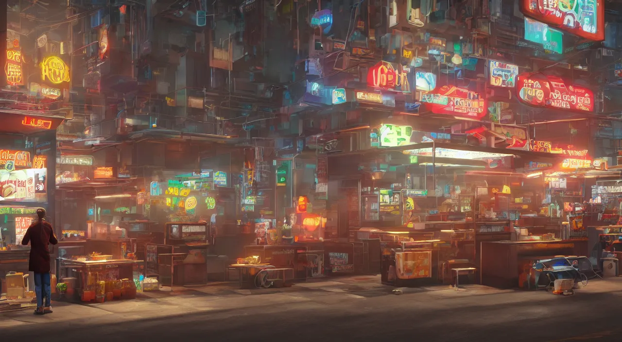 Image similar to a cyberpunk hot dog vendor stands on a main street, unreal engine, octane render, artstation