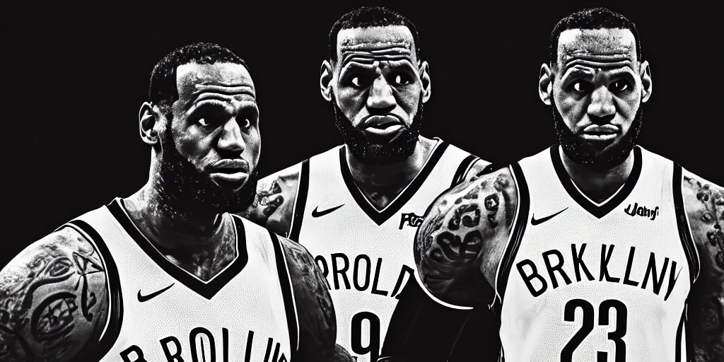 Image similar to photograph of lebron james in a brooklyn nets jersey portrait black background