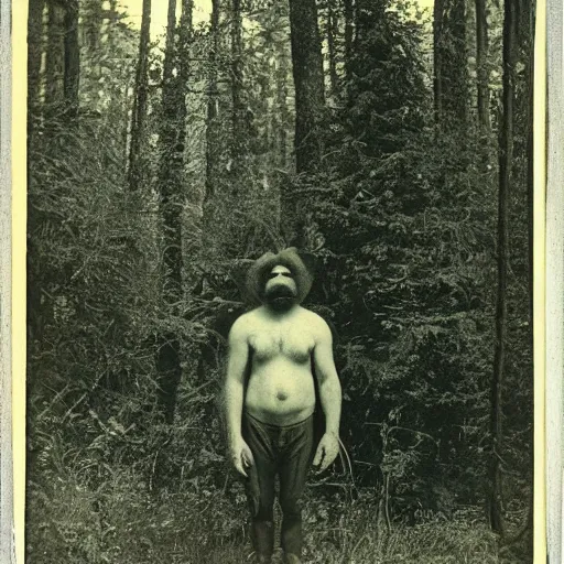 Prompt: daguerrotype of sasquatch sighting in a forest 1 9 0 0