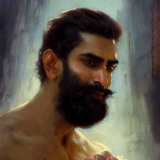 Image similar to detailed realistic cinematic wide shot of beautiful attractive indian man with beard and great haircut blue bath robe slim face symettrical face clean skin black eyes black robe smooth, sharp focus, ultra realistic, spring light, painting by gaston bussiere, craig mullins, j. c. leyendecker