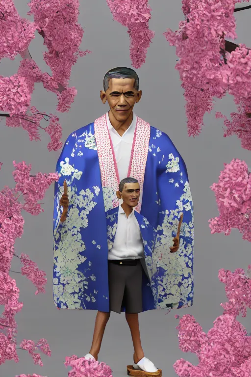 Prompt: full body 3d render of barack obama as an anime figurine wearing a beautiful kimono, shinto shrine, blender, trending on artstation, 8k, highly detailed, bokeh, depth of field