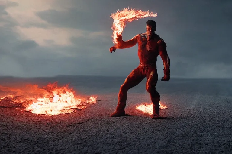 Prompt: a cinematic wide - angle photograph of mutant made of fire walking through a vast serene landscape, beautiful lighting, high depth, ultra realistic, artistic, by zack snyder and john harris