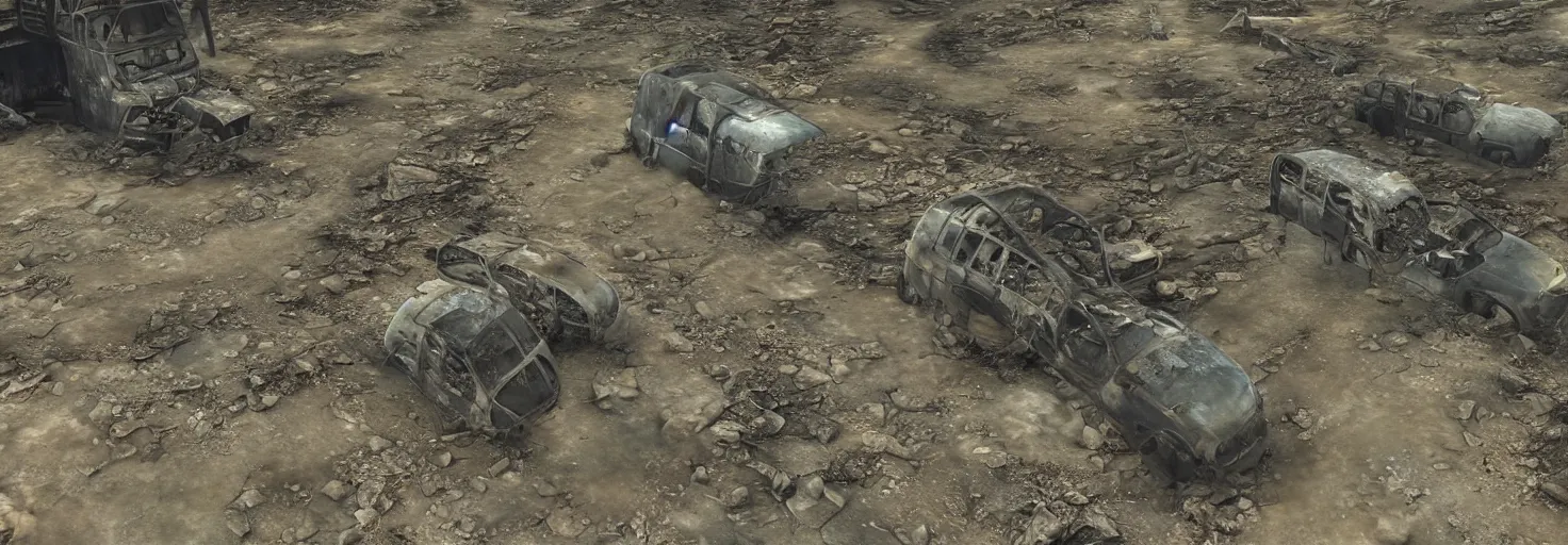 Image similar to wastelands by a sunny day, year 2 3 5 9, after a nuclear outcome, detailed ground, smooth and high resolution, unique bus wreck, impacts, clear atmosphere