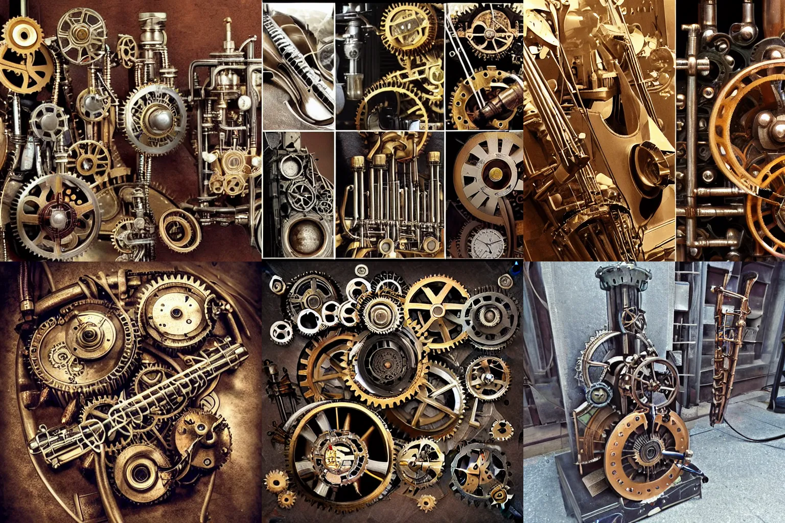 Prompt: steampunk orchestral instruments, gears and machinery
