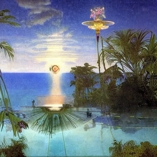 Image similar to Floating palace, refracted sparkles of the moon, thunderstorm, greek pool, beach and Tropical vegetation on the background major arcana sky, by paul delaroche, alphonse mucha and arnold böcklin, hyperrealistic 8k, award-winning, very very very detailed