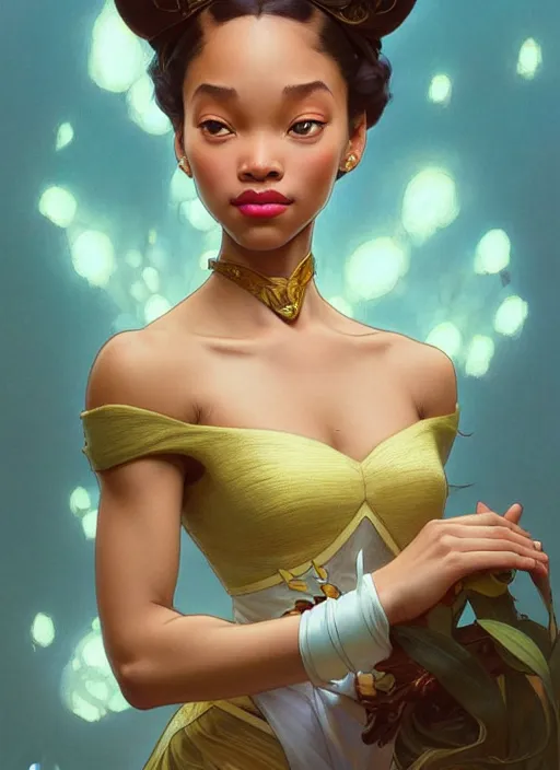 Image similar to portrait of disney tiana, intricate, elegant, highly detailed, my rendition, digital painting, artstation, concept art, smooth, sharp focus, illustration, art by artgerm and greg rutkowski and alphonse mucha and uang guangjian and gil elvgren and sachin teng, symmetry!!