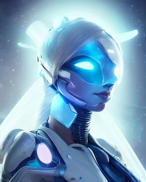 Image similar to perfect android girl on a mothership, warframe armor, beautiful face, scifi, futuristic, galaxy, nebula, raytracing, dreamy, long white hair, blue cyborg eyes, sharp focus, cinematic lighting, highly detailed, artstation, divine, by gauthier leblanc, kazuya takahashi, huifeng huang