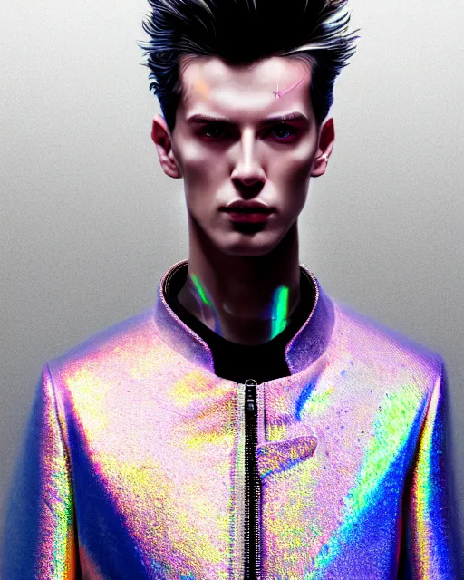 Image similar to detailed portrait of European Professional Fashion Male Model Sheen Holographic Jacket coat, Futuristic sci-fi fashion, royal attire Akira, Evangelion, cyberpunk, neotokyo, synthwave, aesthetics, futuristic, low-emission-neon, bladerunner movie scene by ismail inceoglu dragan bibin hans thoma greg rutkowski Alexandros Pyromallis Nekro Rene Margitte illustrated Perfect face, fine details, realistic shaded, fine-face, pretty face sharp chine