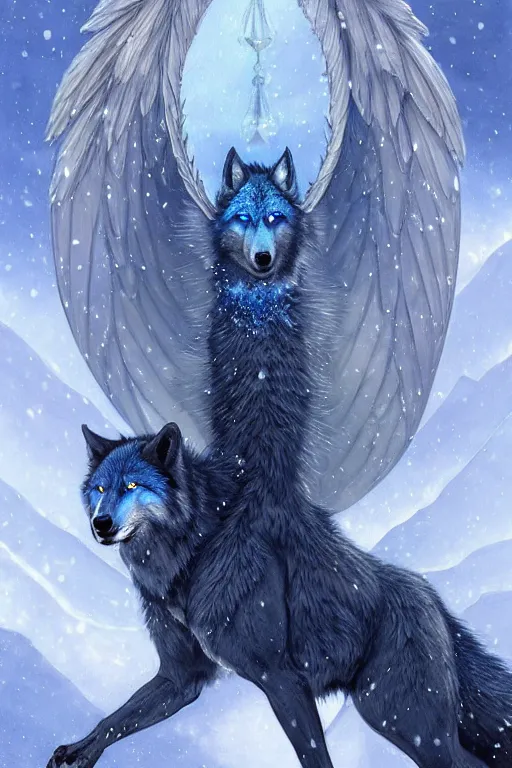 Prompt: blue wolf with wings, facing front, regal, elegant, winter, snow, beautiful, stunning, hd, illustration, epic, d & d, fantasy, intricate, elegant, highly detailed, digital painting, artstation, concept art, smooth, sharp focus, illustration, wallpaper, art by artgerm and greg rutkowski and alphonse mucha and jin xiaodi