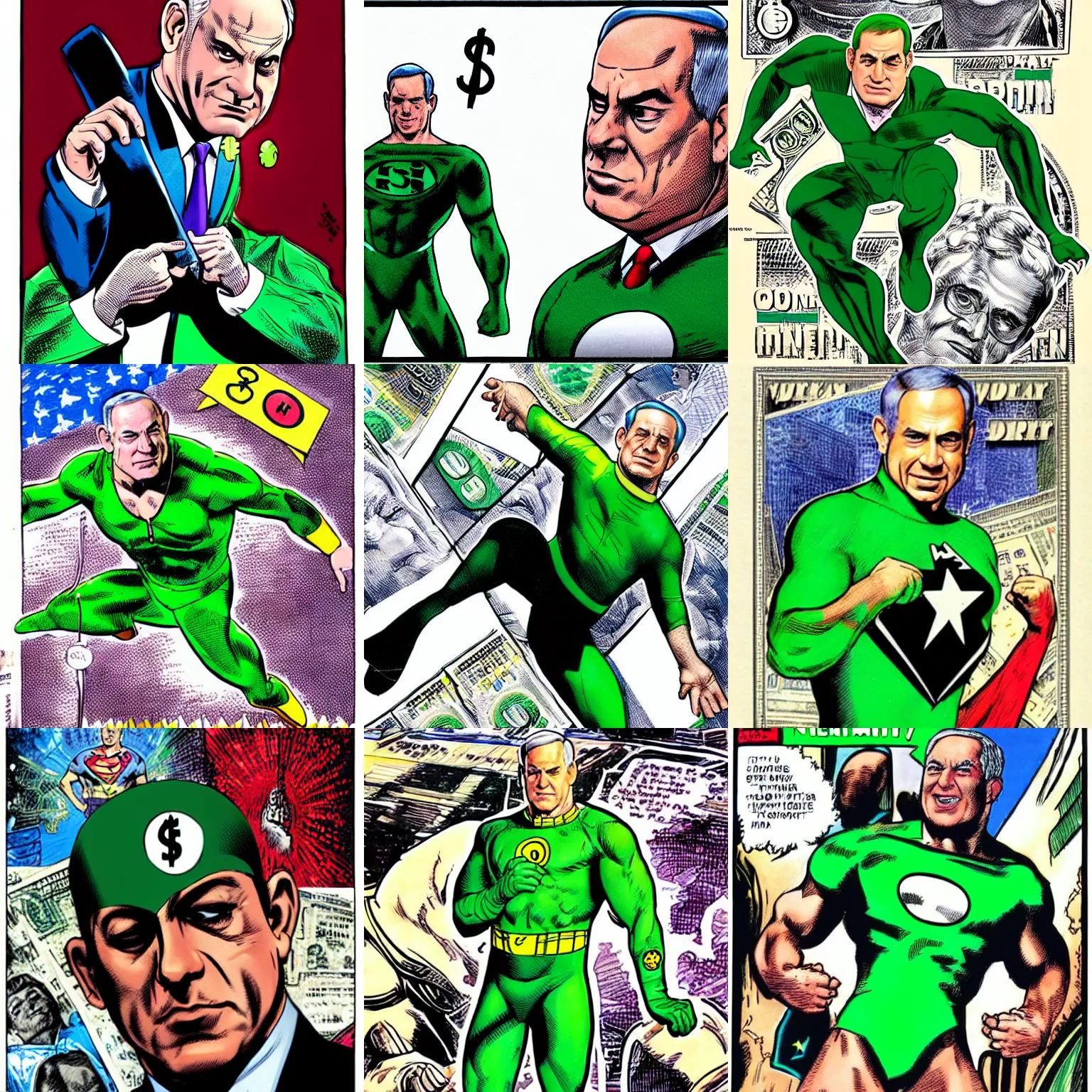 Prompt: Benjamin Netanyahu as a superhero wearing a green leotard with a dollar sign on his chest, by Neal Adams, highly detailed