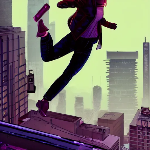 Prompt: Mechanical Aubrey Plaza jumps From rooftop, cyberpunk city background, y2k aesthetic, dramatic lighting, illustration by Anna Tsubaki , Geoff Darrow, 4k, digital art, concept art, trending on artstation