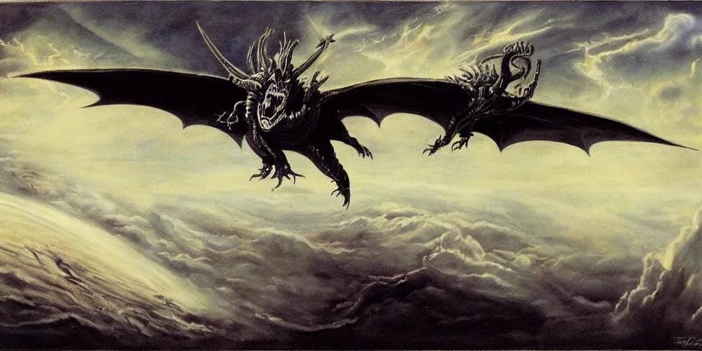 Prompt: painting by h. r. giger, menacing dragon soaring above the clouds, blackhole sun, dark undertones, exodus of the stars