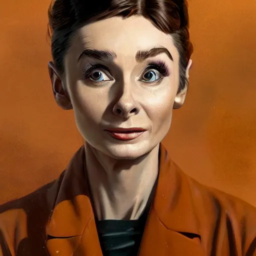 Image similar to a highly detailed epic cinematic concept art CG render digital painting artwork costume design: Audrey Hepburn as a 1950s crazy mad scientist lunatic in a brown lab coat, with unkempt hair and crazy eyes. By Greg Rutkowski, Ilya Kuvshinov, WLOP, Stanley Artgerm Lau, Ruan Jia and Fenghua Zhong, trending on ArtStation, made in Maya, Blender and Photoshop, octane render, excellent composition, cinematic atmosphere, dynamic dramatic cinematic lighting, aesthetic, very inspirational, arthouse