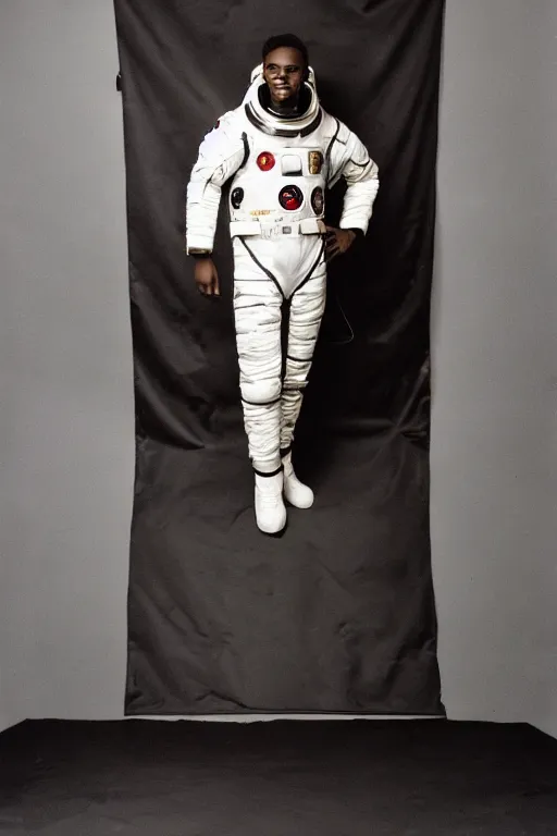 Image similar to full - length portrait of black male in a space suit, fashion studio lightning, 3 5 mm