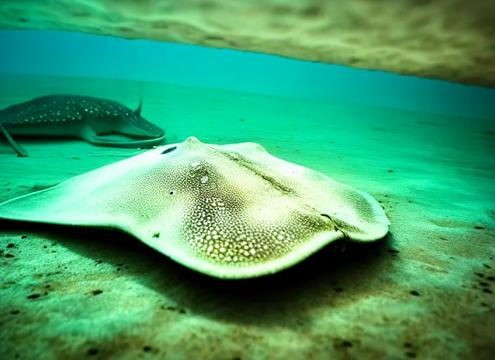 Prompt: under water stingray, water light scattering, underwater photography, high details, 8 k, realistic shot, cinematic lighting