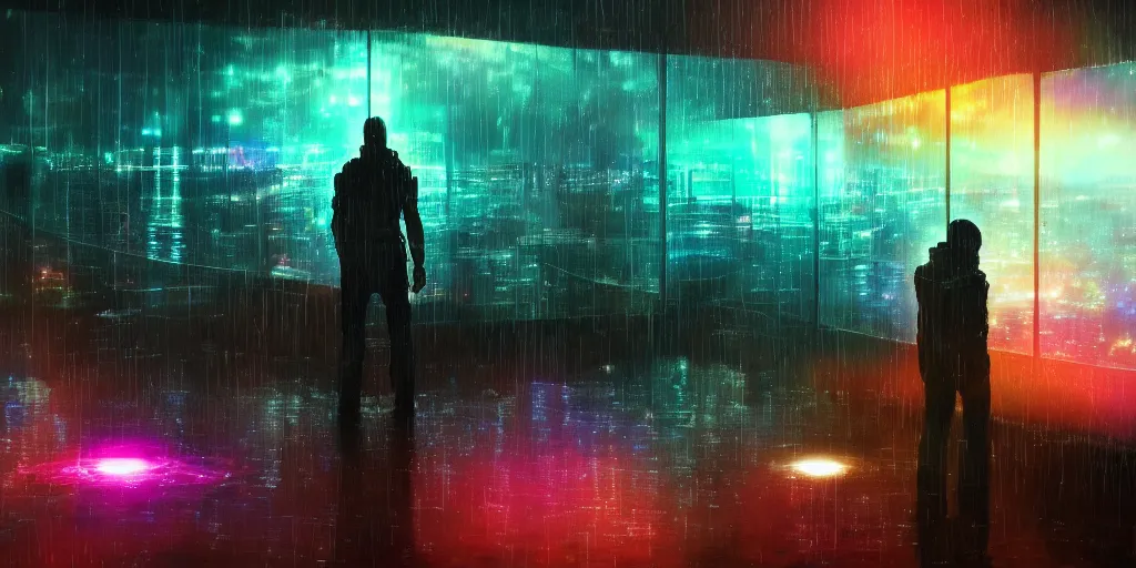 Prompt: one cyber godly person made of cosmic nebula galaxy energy watching a rainy colorful complex cyberpunk futuristic city from behind at night through a window in a room, reflections, 8 k, photorealistic, concept art, wet, highly detailed, cinematic mood by ridley scott, trending on artstation, glowing and epic