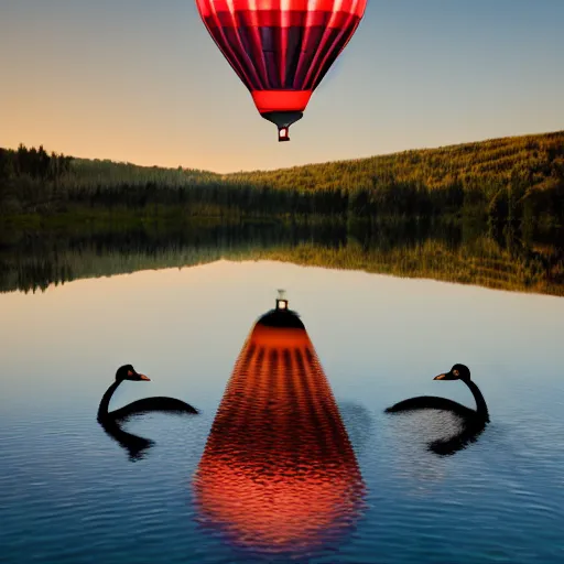 Image similar to photo of two black swans touching heads in a beautiful reflective mountain lake, a colorful hot air balloon is flying above reflecting off water, hot air balloon, intricate, 8k highly professionally detailed, centered, HDR, CGsociety