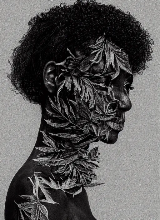 Prompt: a beautiful black woman's face in profile made of leaf and flower skeleton, in the style of the dutch masters and gregory crewdson, dark and moody, 8 k, matte