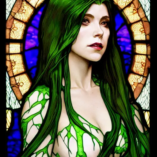 Prompt: a stunningly detailed stained glass window of a beautiful alison hannigan as poison ivy with white skin, dark eyeliner, intricate, elegant, highly detailed, digital painting, artstation, concept art, sharp focus, illustration, art by greg rutkowski and alphonse mucha