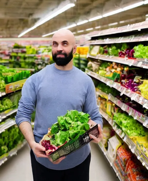 Image similar to a bald man with a beard gestures to a display of boxes of suddenly salad at the end cap inside a supermarket